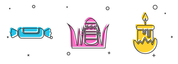 设置糖果，复活节蛋和燃烧的蜡烛图标。向量图片下载