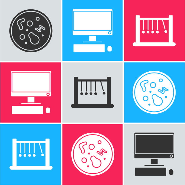 设置细菌，电脑显示器，键盘，鼠标和摆图标。向量图片下载