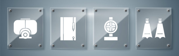 成套游泳用橡胶脚蹼，工业金属管和阀门，水下笔记本和铅笔，潜水面罩。方形玻璃面板。向量图片下载