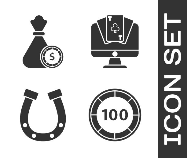 设置赌场筹码，钱袋和赌场筹码，马蹄和在线扑克桌游戏图标。向量图片下载
