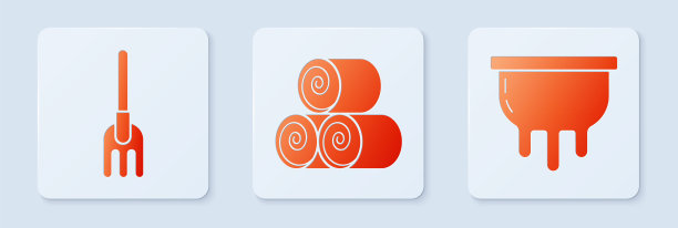 设置干草卷，花园耙和乳房。白色正方形按钮。向量图片下载