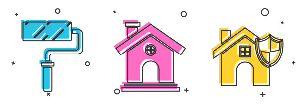 设置油漆滚筒刷，房子和房子与盾牌图标。向量图片下载