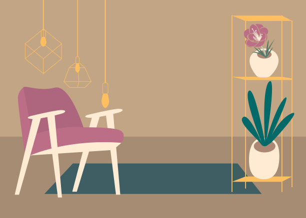 矢量室内平面设计插图。家中色彩缤纷的家具，简约的客厅，时尚的风格。设计一个舒适的房间，有室内装饰配件和植物。装饰元素图片下载