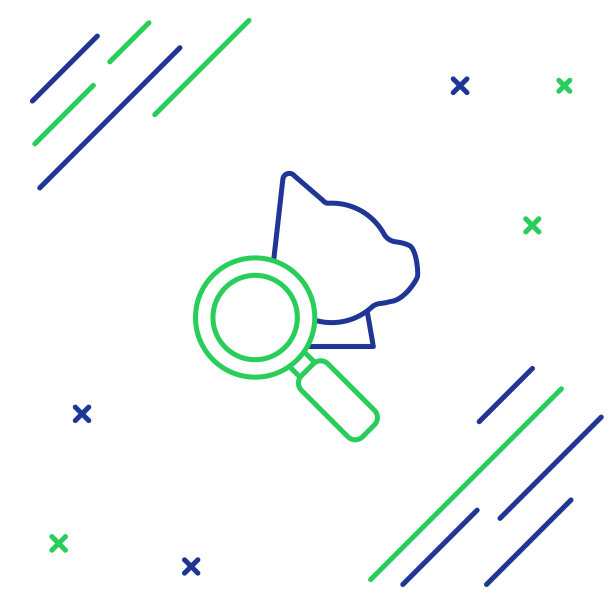 蓝色和绿色线兽医诊所标志图标孤立在白色背景。用放大镜照顾猫的兽医。宠物急救标志。色彩斑斓的轮廓的概念。矢量图图片下载