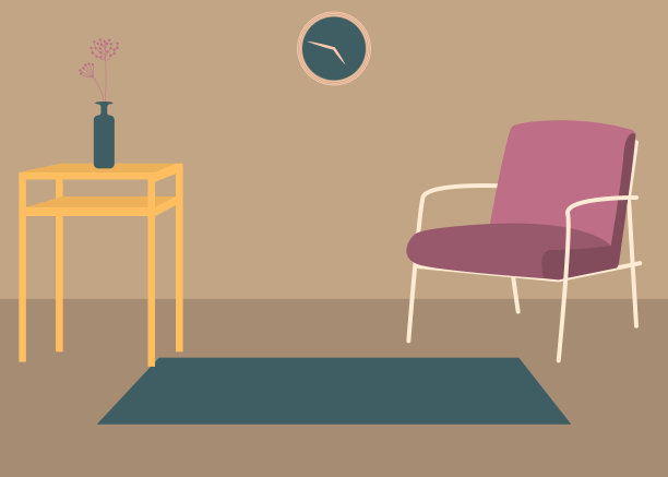 矢量室内平面设计插图。家中色彩缤纷的家具，简约的客厅，时尚的风格。设计一个舒适的房间，有室内装饰配件和植物。装饰元素图片下载