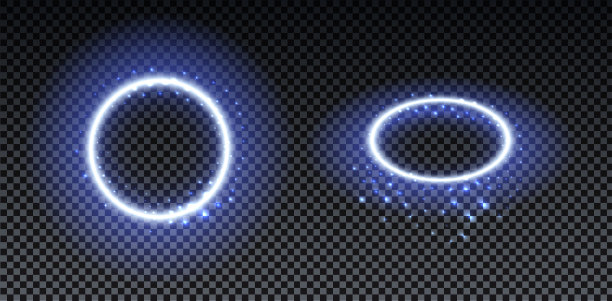 蓝色的明亮的光环。抽象的圆圈。光的光学效应晕在透明的背景与闪烁。矢量插图,eps10图片下载