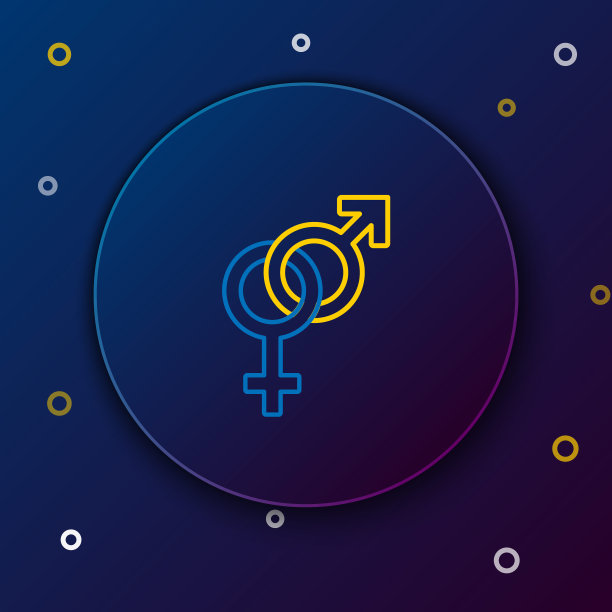 白色和黄色线性别图标孤立在深蓝色的背景。男人和女人的象征。性的象征。色彩斑斓的轮廓的概念。矢量图图片下载