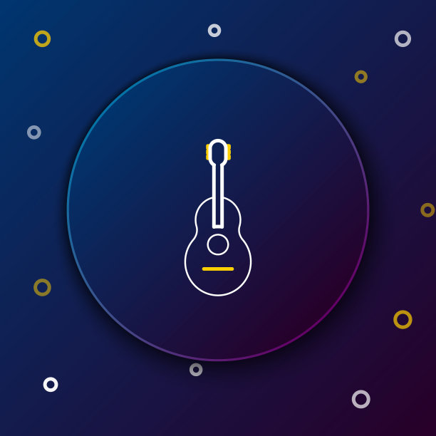 白色和黄色线吉他图标孤立在深蓝色的背景。木吉他。弦的乐器。色彩斑斓的轮廓的概念。矢量图图片下载