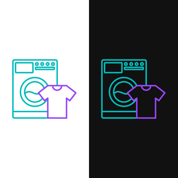 绿色和紫色线洗衣机和t恤图标孤立在白色和黑色的背景。洗衣机图标。洗衣机，洗衣机。家电的象征。矢量图图片下载
