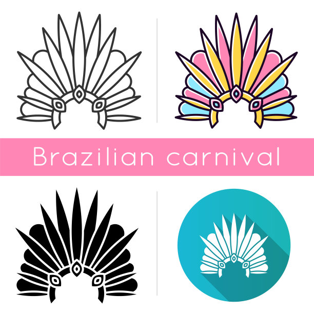 巴西狂欢节头饰图标集。线性，黑色和RGB颜色样式。王冠上有羽毛和珠宝。少数民族的节日。国定假日。化装游行。孤立的矢量插图图片下载