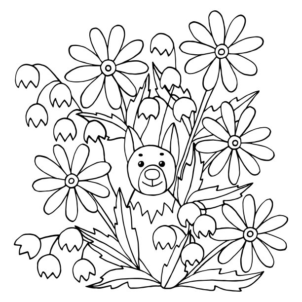 用可爱有趣的狗和野花涂色。图片下载