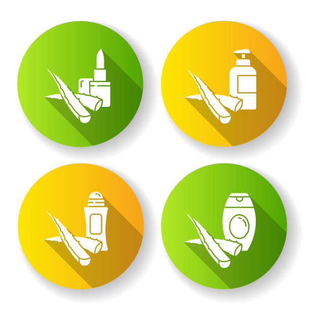 芦荟平坦设计长影字形图标集。保湿喷雾。抗衰老的药草乳液。植物性乳液。用于皮肤护理的除臭剂。剪影RGB彩色插图图片下载