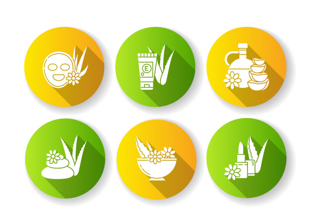 芦荟平坦设计长影字形图标集。美容。温泉治疗。面膜。天然保湿化妆品。有机润唇膏。护肤产品。剪影RGB彩色插图图片下载