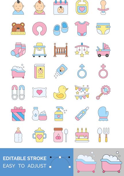 宝宝淋浴相关的浴缸，奶嘴，蛋糕，鸭子，礼盒，枕头，书，尿布，尿布，气球，帽子，袜子，马车，泰迪熊，婴儿脸，日历，火车和馈线矢量可编辑的笔触，图片下载