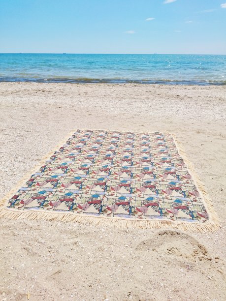 海岸。沙滩上放着一张野餐用的毯子。图片下载