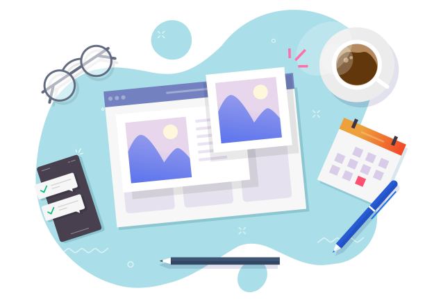 照片图片在线相册和数字画廊观看网站服务或互联网电子摄影图像文件在工作场所，桌子，书桌矢量平面卡通插图图片下载