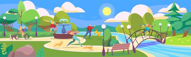 人们在夏天的公园里和狗狗玩耍，去运动，矢量插图图片下载