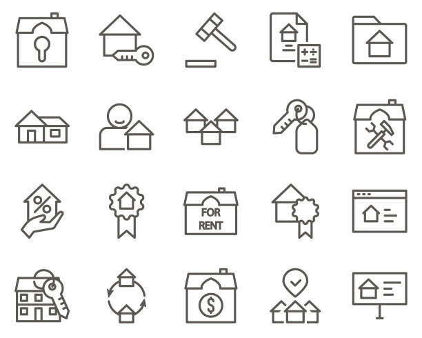 购买，房子，财产，保护集矢量图标。房地产图标集图片下载
