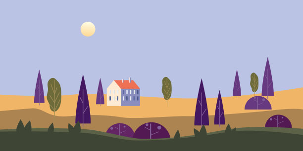 山水田园风光。农舍，树木，春景，夏季，太阳，日落。简约时尚的几何平面风格，矢量，插图孤立素材图片