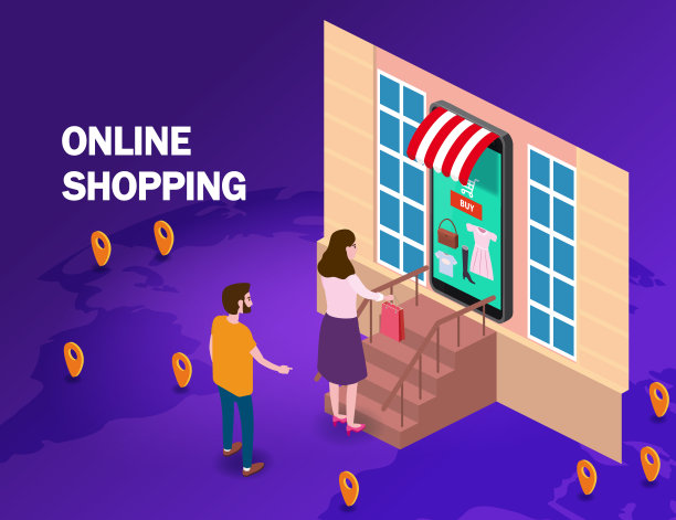 网上购物的年轻女性和男性从智能手机网上商店购买手服务包。等距超市与图标，遮阳篷，palnet地球背景。矢量概念和数字营销登陆页面模板图片下载