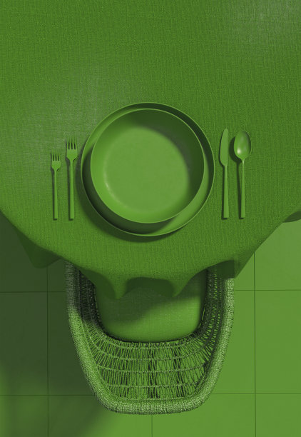 在俯视图中为一个人设置表格。把桌上的盘子和刀叉清空。单色垂直插图在绿色。创造性的概念3D渲染与复制空间。图片下载