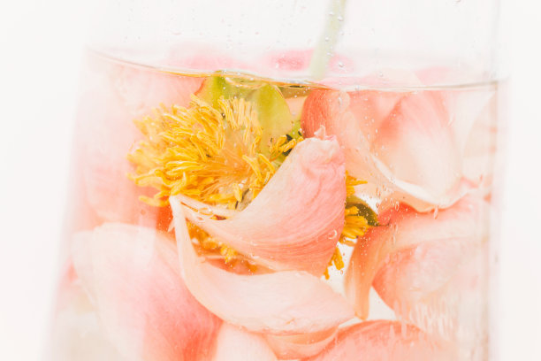 牡丹花瓣浸泡在水与空气滴在玻璃透明花瓶近距离。抽象的粉色和白色背景。艺术和审美，创意照片。水下美丽的花朵图片下载