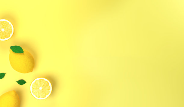 维生素C概念柠檬水果柑橘。鲜柠檬和绿色的叶子在明亮的黄色背景平铺顶视图空间。图片下载