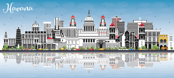 哈瓦那古巴城市天际线与彩色建筑，蓝天和反射。图片下载