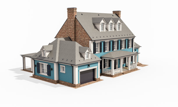 殖民风格的现代古典住宅的3d渲染，孤立在白色上图片下载