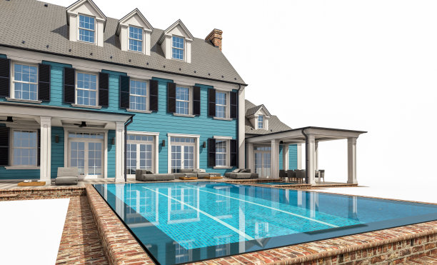 殖民风格的现代古典住宅的3d渲染，孤立在白色上图片下载
