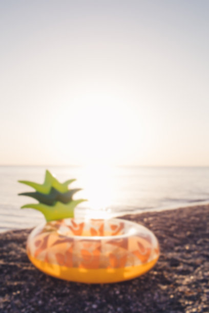 模糊的背景与床垫菠萝在大海的背景。图片下载