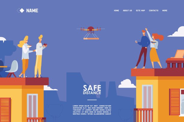 在各种多层房屋中，邻居的安全距离。通过无人机非接触式递送分享食物。快乐城市城市场景登陆页面或横幅模板。图片下载