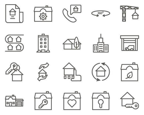 拍卖，法庭设置矢量图标。房地产图标集图片下载