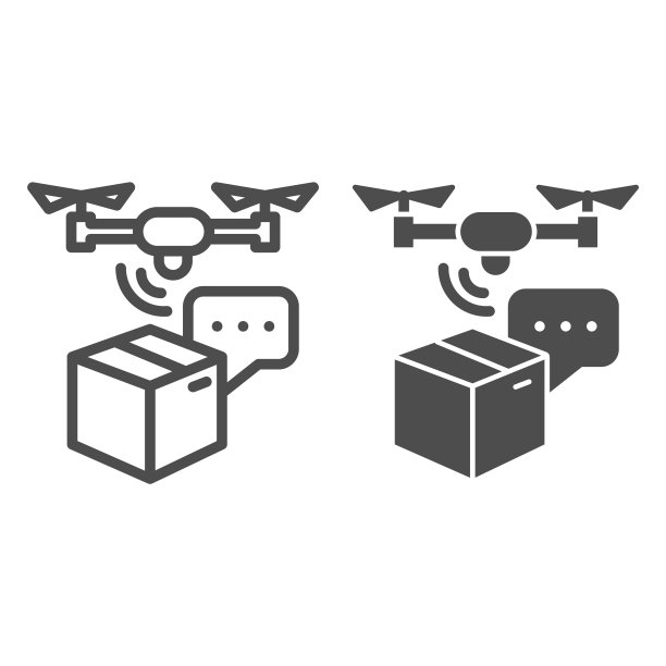 纸板箱和无人机线和实心图标，智能家居符号，白色背景的发货和物流矢量标志，航空运输设备与包裹图标的轮廓风格。矢量图形。图片下载