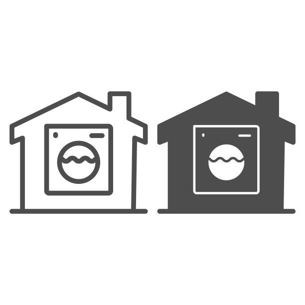 洗衣机在建筑线和实体图标，智能家居符号，遥控家电矢量标志在白色背景，智能洗衣机图标在轮廓风格。矢量图形。图片下载