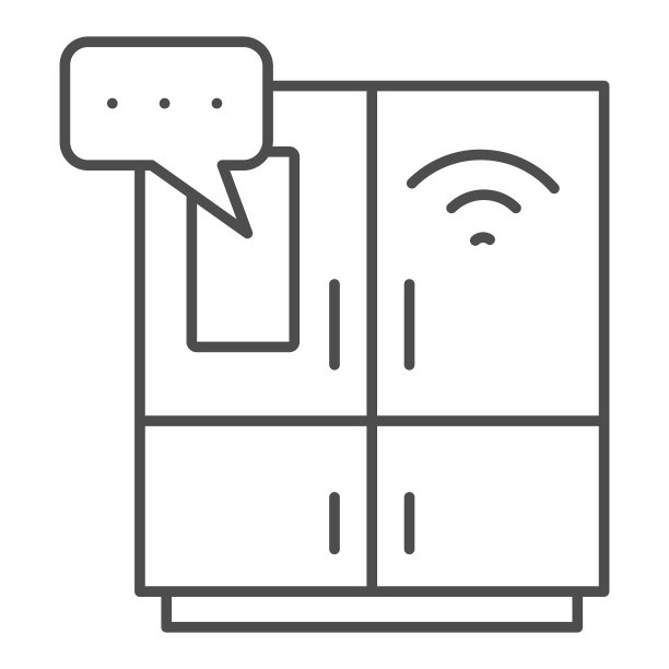 智能冰箱与屏幕细线图标，智能家居符号，遥控器家用电器矢量标志上的白色背景，冰箱控制与wifi图标轮廓。矢量图形。图片下载