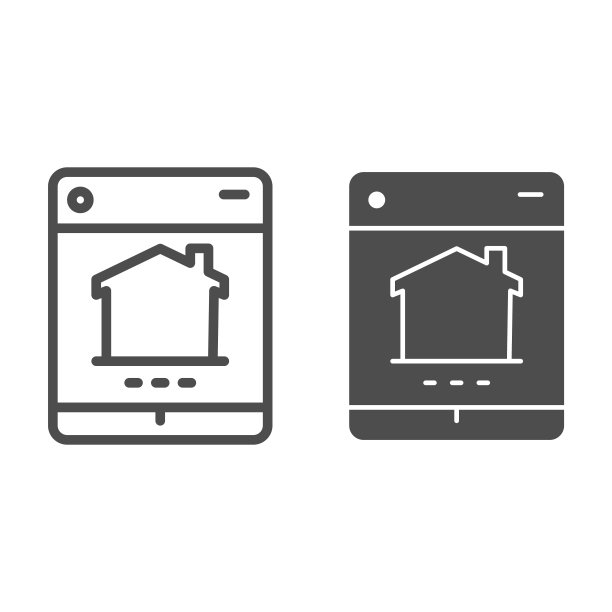 平板电脑带有建筑线条和实体图标、智能家居符号、远程安防控制技术矢量标志、监控物业监控系统图标轮廓。矢量图形。图片下载