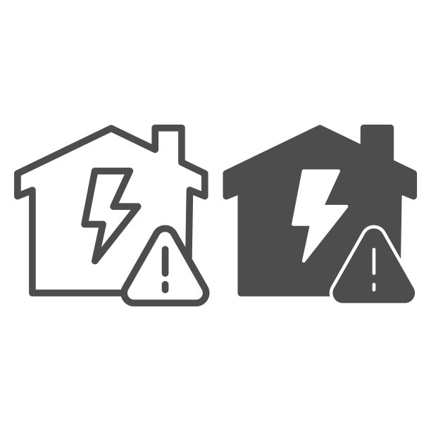 房屋电力闪电与警告三角形线条和实心图标，智能房屋符号，白色背景上的家庭能源矢量标志，建筑物内闪电轮廓样式图标，矢量图形图片下载