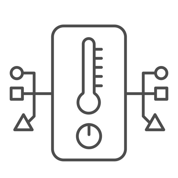 电子温度计和网络细线图标，智能家居符号，白色背景上的远程房屋采暖技术矢量标志，温度测量装置带连接图标。向量。图片下载