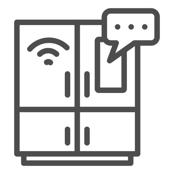 智能冰箱与屏幕线条图标，智能家居符号，遥控器家用电器矢量标志上的白色背景，冰箱控制与wifi图标轮廓。矢量图形。图片下载