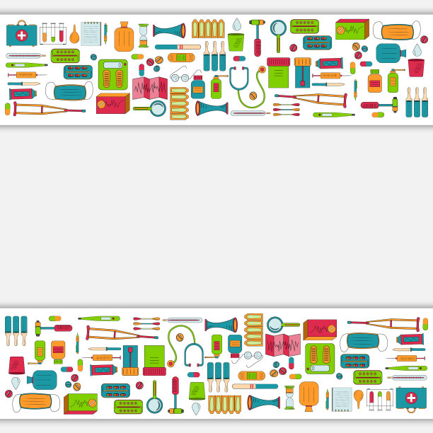 以医药为主题的彩色边框，配以医药和工具，白色背景，矢量插图，设计，装饰图片下载