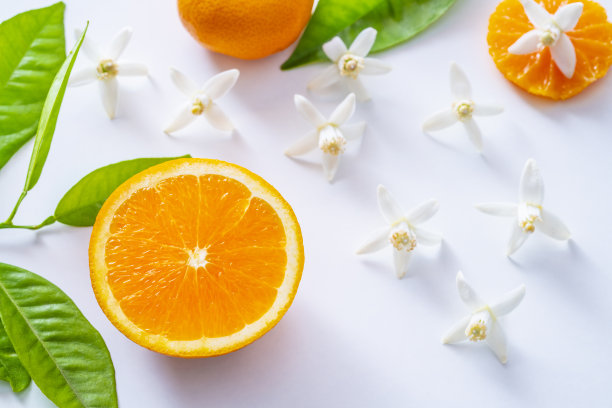 阿扎哈花橙色花和半切橙色水果在白色图片下载