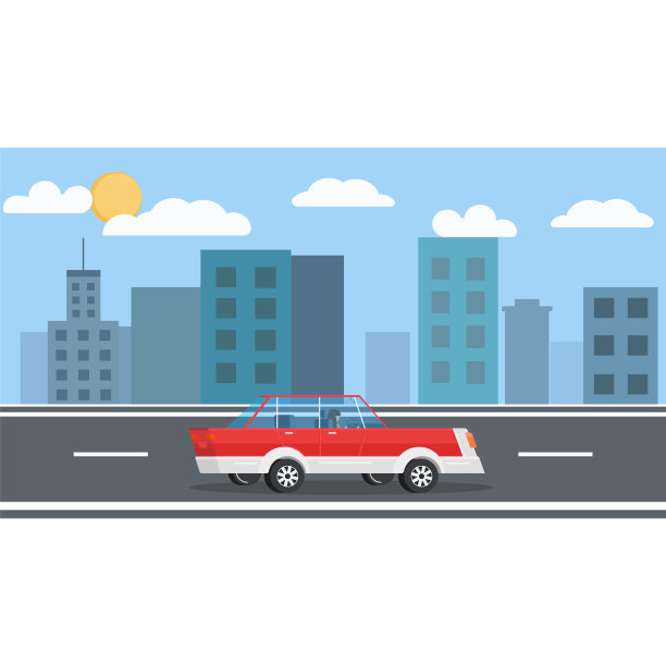 汽车穿过市中心。蓝色的城市和阳光明媚的日子与云。图片下载