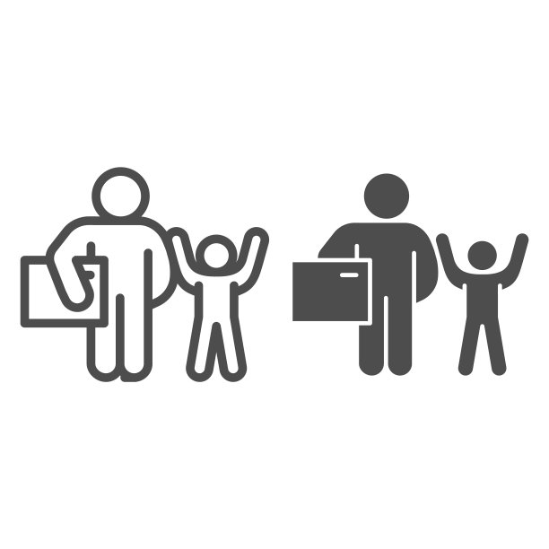 父亲和孩子与礼物线和固体图标，儿童假日概念，成人与白色背景上的孩子标志的礼物，父母与儿子的图标在轮廓移动。矢量图形。图片下载