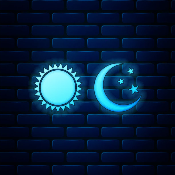 发光的霓虹灯，太阳和月亮的图标孤立在砖块上图片下载