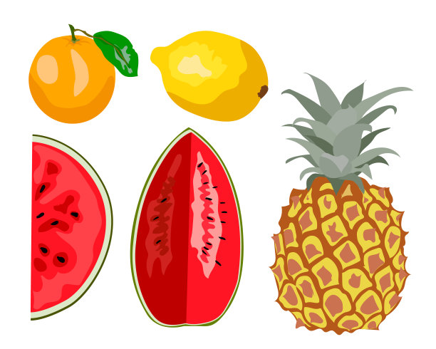 新鲜水果载体收集。套甜水果西瓜、菠萝、橙子、柠檬为保健。贺卡，食谱，菜单的设计图片下载