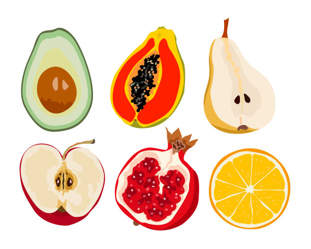 新鲜水果载体收集。套甜水果有橙、鳄梨、木瓜、梨、苹果、石榴等。贺卡，食谱，菜单的设计图片下载