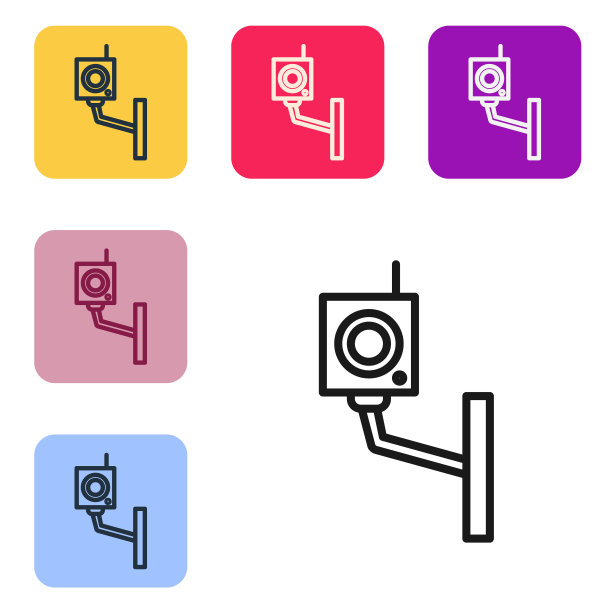 黑线安全摄像头图标隔离在白色背景。设置图标的颜色方形按钮。矢量图图片下载