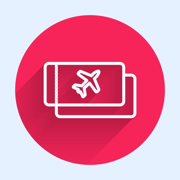 白色线机票图标孤立与长阴影。飞机票。红色圆圈按钮。矢量图图片下载