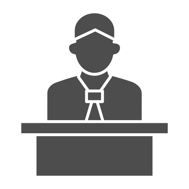 演讲者在讲台后面的实体图标，商业演示概念，演讲者在白色背景上的制服做报告标志，发言人在后面的立场图标的字形风格。矢量图形。图片下载